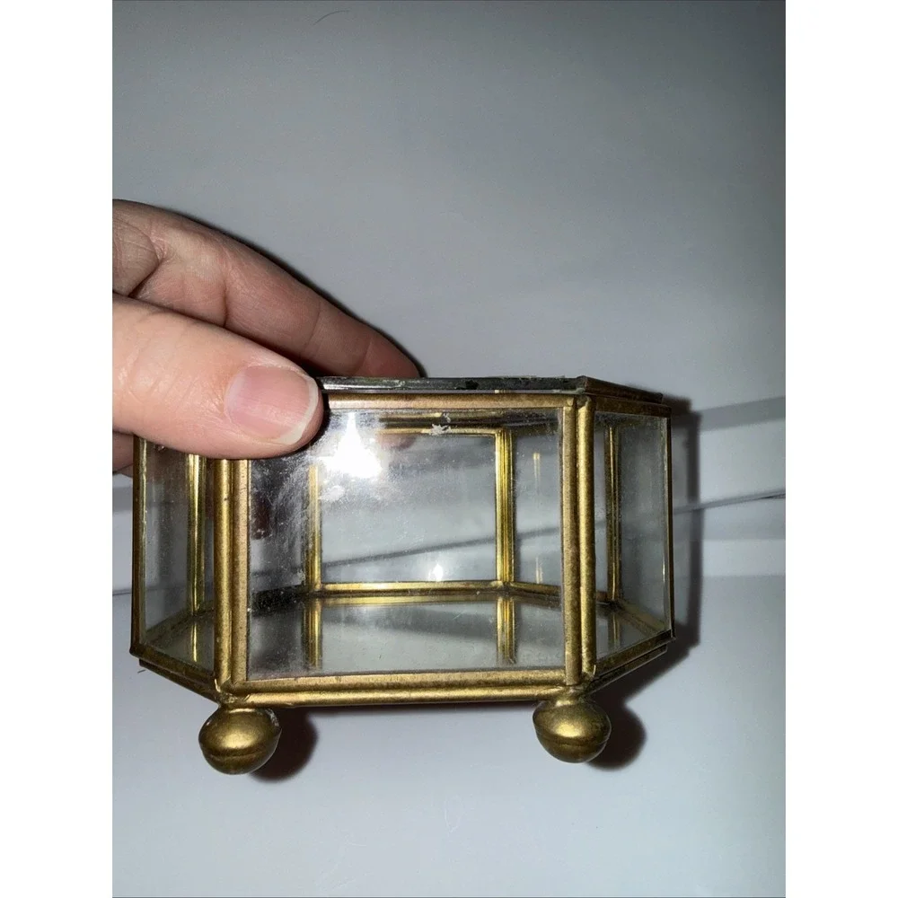 Vtg Walmart Glass & Brass Trinket Jewelry Box Mirror Bottom Painted Butterfly